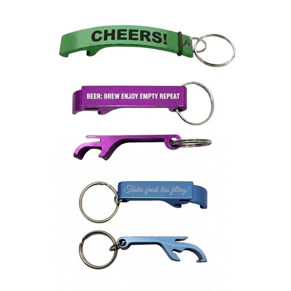 Custom Logo Aluminum Beer Openers - Custom aluminum bottle opener keychains in vibrant anodized colors with laser-engraved quotes and sleek metallic finishes