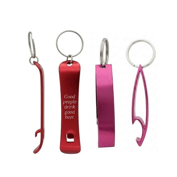 Assorted aluminum beer openers featuring custom printed and engraved logos in various shapes and colorful electroplated finishes