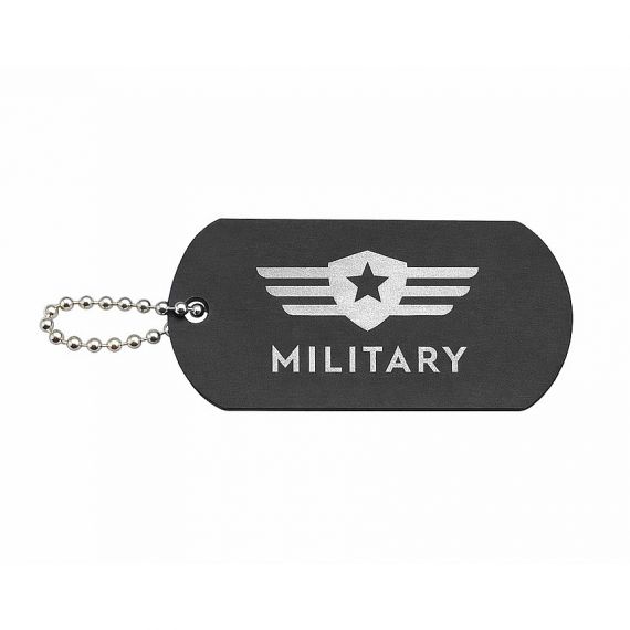 Black aluminum military dog tag with logo