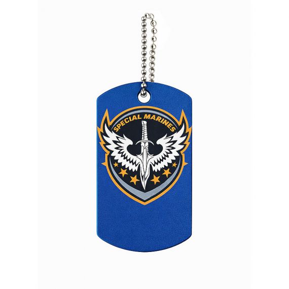 Blue aluminum dog tag with special marines emblem