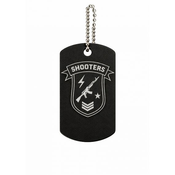 Black aluminum dog tag with shooters emblem