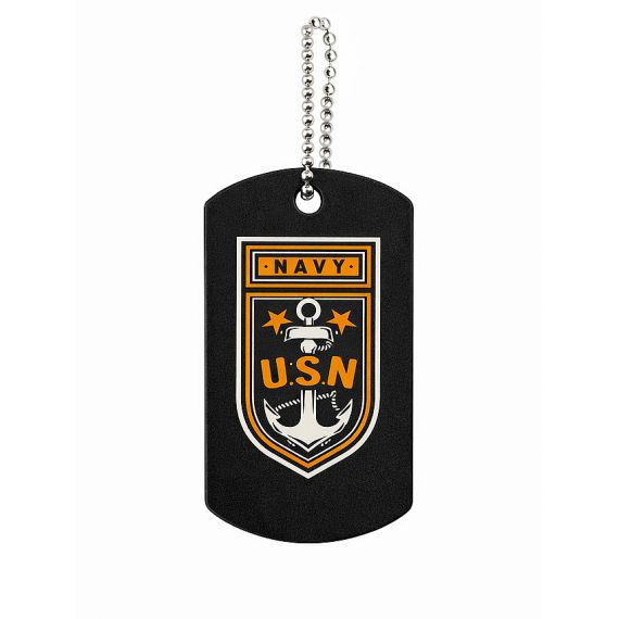 Black aluminum navy dog tag with emblem