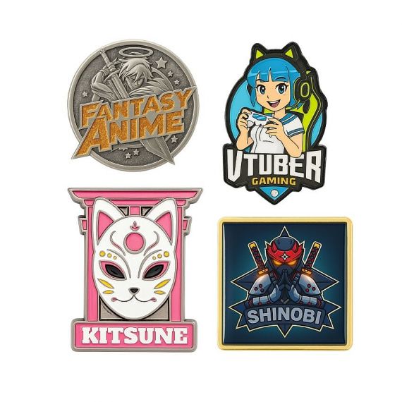 Creative anime enamel pins featuring fantasy, VTuber, and character-inspired designs in bold, colorful styles.