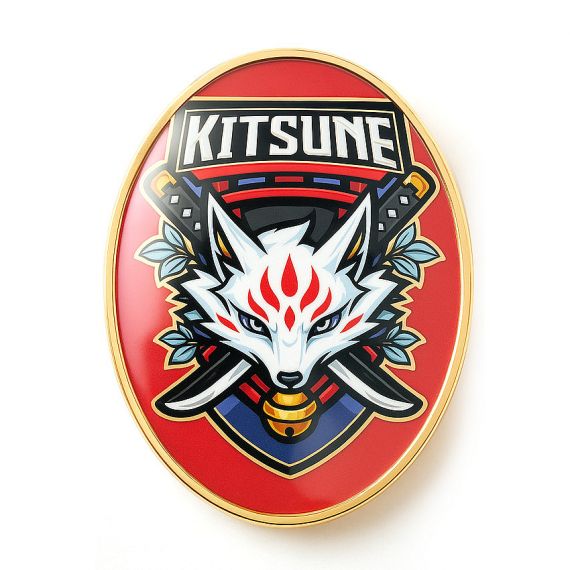 Custom-made Kitsune warrior enamel lapel pin with a gold-plated finish