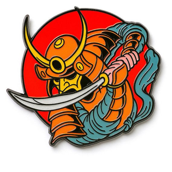 Samurai-inspired enamel pin with bold colors and dynamic design, showcasing a fierce warrior in action.