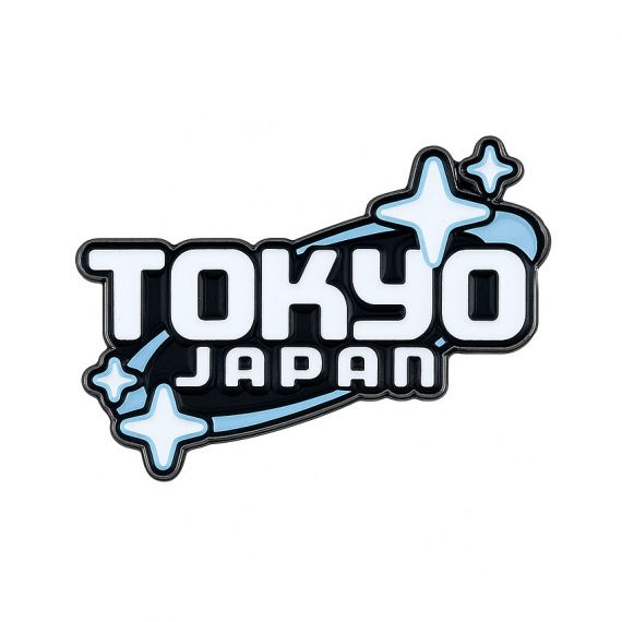 Custom Tokyo Japan enamel pin with bold typography and star accents in a modern, stylish design.