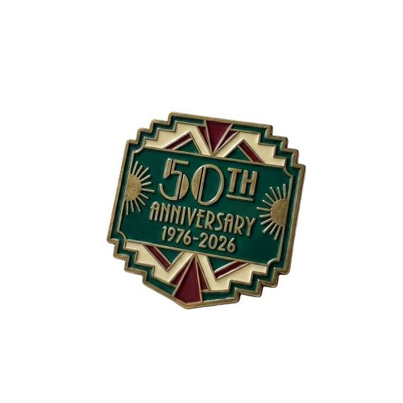 Custom 50th anniversary enamel pin with vintage-inspired design and elegant metal detailing.