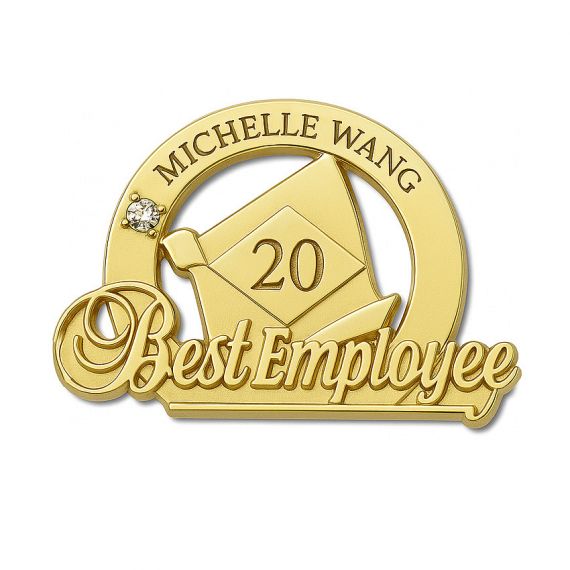 Custom gold-plated employee award pin recognizing 20 years of service with a premium, elegant design.