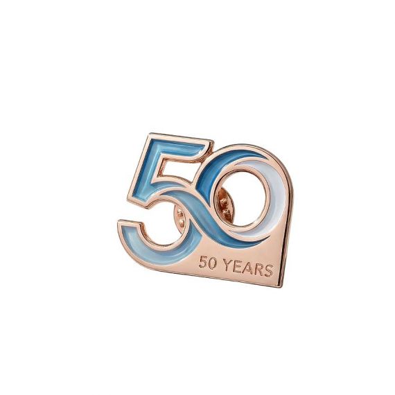 Custom-made 50th anniversary enamel lapel pin with rose gold plating
