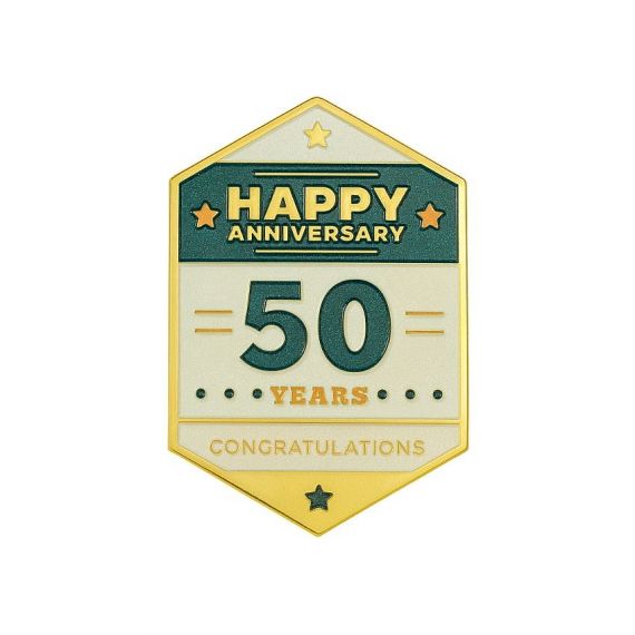 Custom 50-year anniversary enamel pin with clean typography and a premium gold-plated finish.