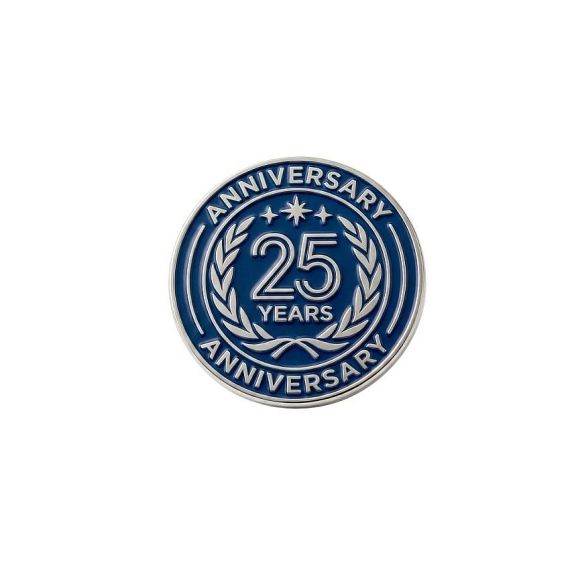 Custom 25-year anniversary enamel pin with classic laurel design and refined metal finish.