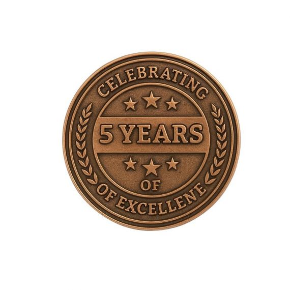Custom 5-year anniversary metal pin with antique bronze finish, symbolizing achievement and excellence.