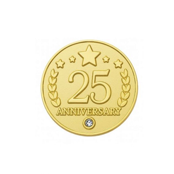 Custom-made 25th anniversary metal lapel pin with gold plating and a sparkling rhinestone