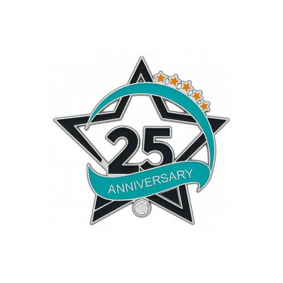 Custom 25th anniversary enamel pin with star motif and modern layered design.