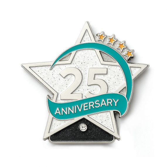 Custom-made 25th anniversary star-shaped enamel lapel pin with glitter background and rhinestone