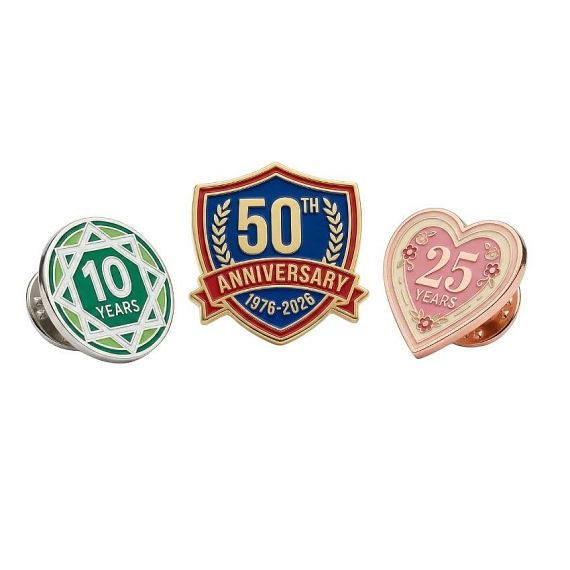 Custom anniversary lapel pins in unique shapes and vibrant colors, celebrating milestone years with personalized designs.