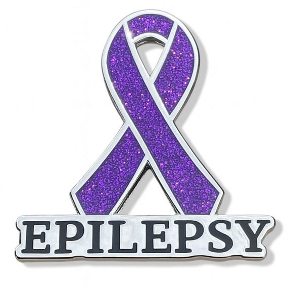 Purple glitter epilepsy awareness ribbon pin with bold lettering, symbolizing support and advocacy