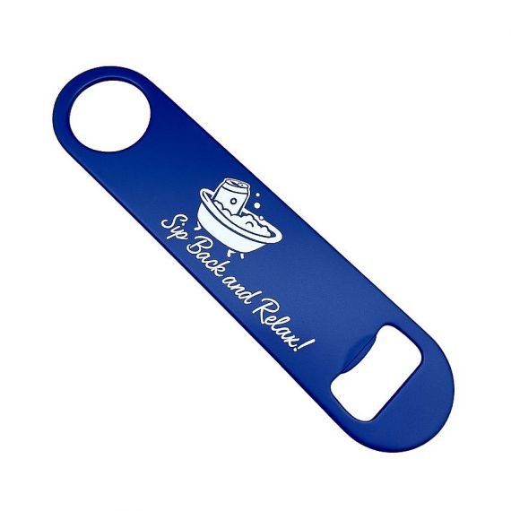 Blue stainless steel bar blade bottle opener with text engraved