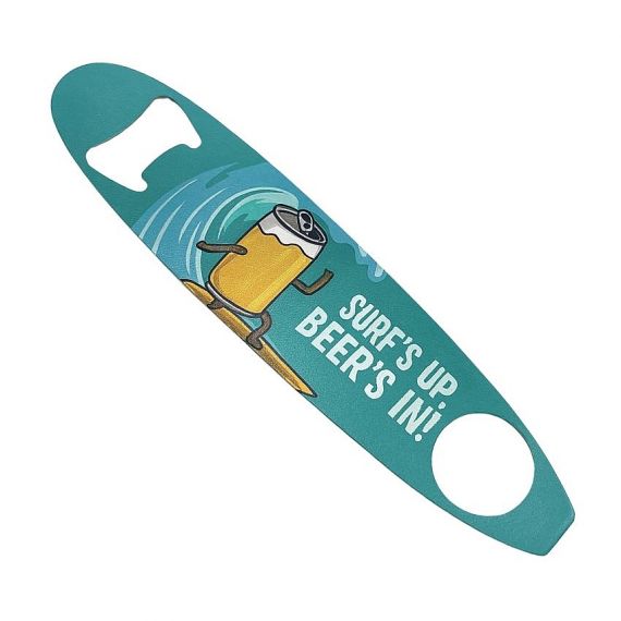 Custom printed bar blade beer bottle opener in surfboard shape