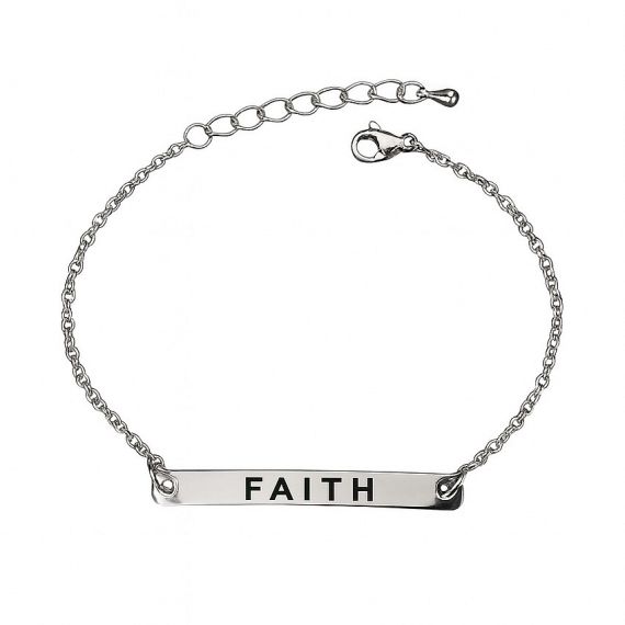 Custom silver thin chain bar bracelet with "FAITH" engraved in block letters, personalized stainless steel inspirational jewelry for wholesale orders.