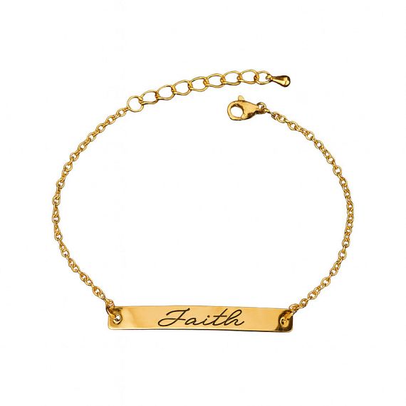 Personalized gold plated bar chain bracelet featuring "Faith" in elegant cursive script, high-quality custom engraved name jewelry manufacturer.