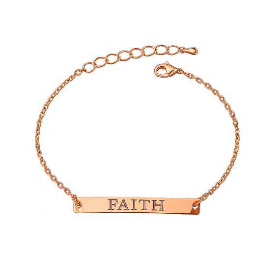 Custom rose gold bar bracelet with "FAITH" stamped in classic serif font, durable personalized metal inspirational accessories for boutique retail.