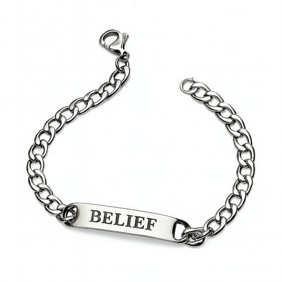 Custom stainless steel curb link chain bar bracelet with "BELIEF" engraving, bold personalized identification jewelry for men and women.
