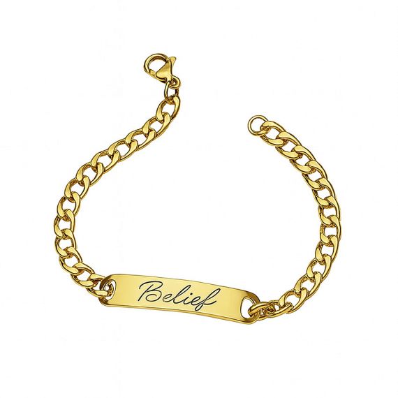 High-quality gold plated curb chain bar bracelet featuring custom text logo script engraving, professional wholesale personalized jewelry factory.