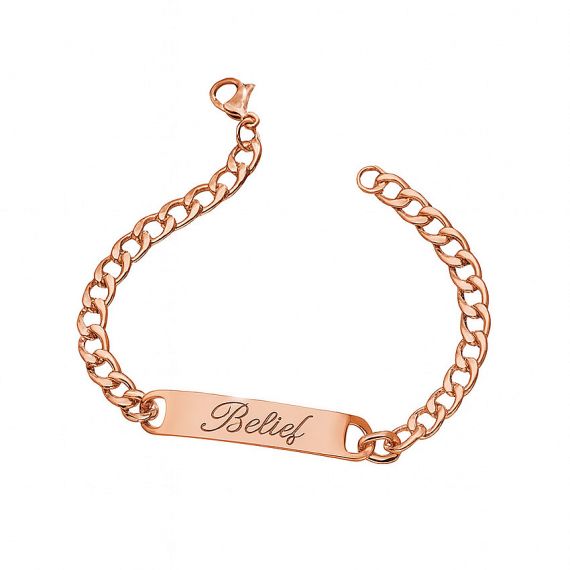 Custom rose gold curb chain bracelet with personalized "Belief" cursive engraving, trendy metal identification jewelry for gift collections.