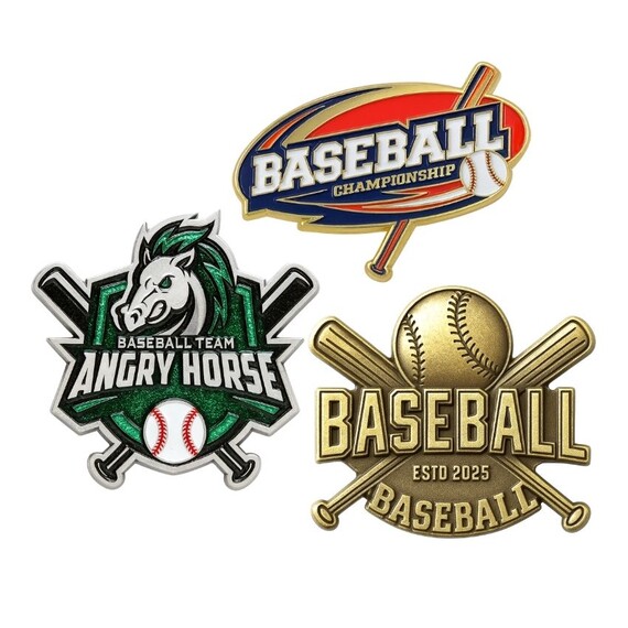 Custom Baseball Sports Trading Pins - Custom baseball trading pins with dynamic team logos and championship designs, perfect for sports events and team branding.