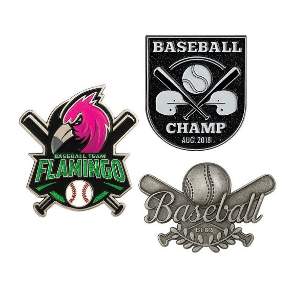 Custom baseball trading pins featuring team mascots, championship badges, and classic sports-themed designs.