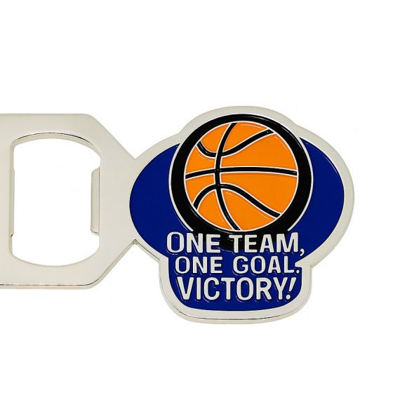 Sports souvenir bottle opener with a basketball enamel design and victory text