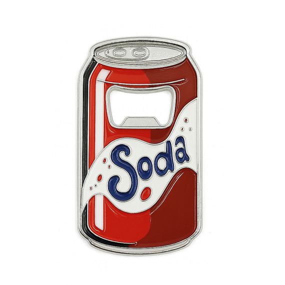 Soda can shaped metal bottle opener with enamel logos