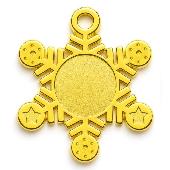 gold-plated off-the-shelf medal in a snowflake shape with a blank center and star accents
