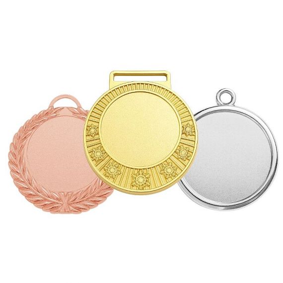 Custom Blank Medals - open-design blank medals in gold, silver, and rose gold finishes