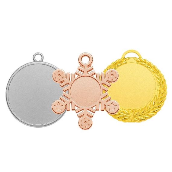 Pre-made reday-made design blank medals in silver, rose gold snowflake, and gold laurel styles