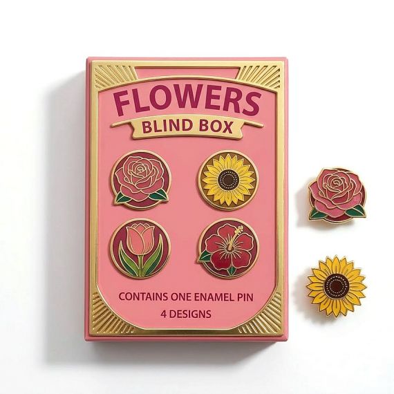 Colorful soft enamel animal pins displayed with their blind box packaging