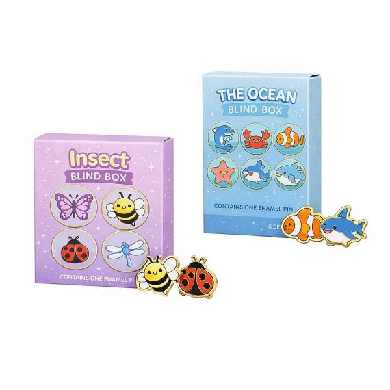 Retail-ready blind box packaging for custom-designed enamel pin series.