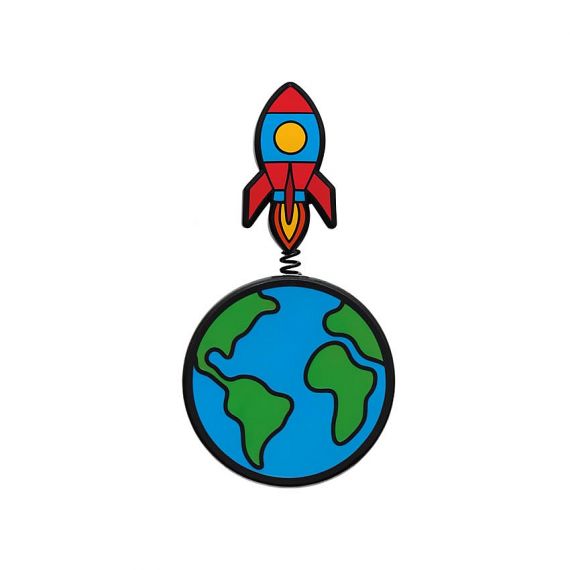 Custom soft enamel rocket ship pin connected to an Earth base via a spring.