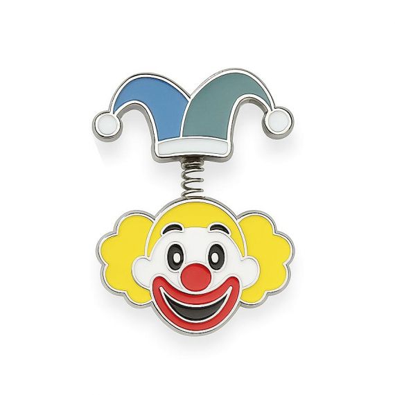 Cusotmized soft ename playful jester or clown head pin with a spring-mounted hat.