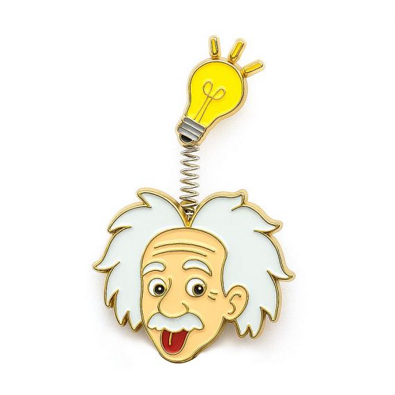 Novetly soft enamel Einstein lapel pin with a springing lightbulb idea symbol