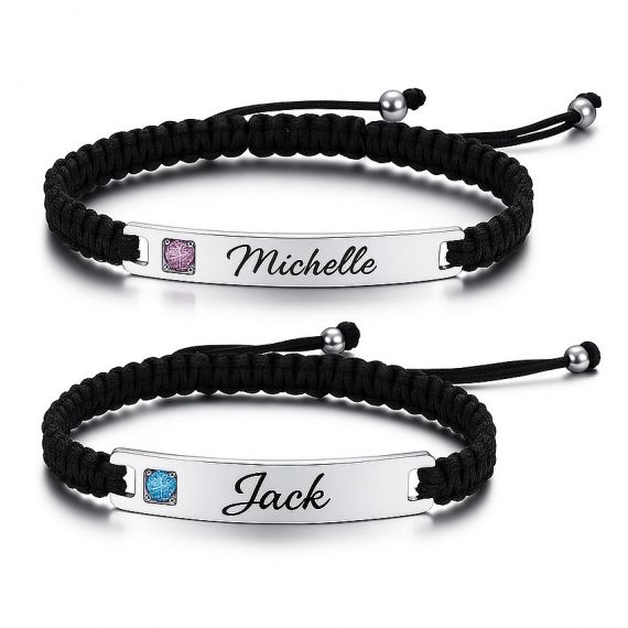 Personalized braided rope bracelets with custom name engraving like "Michelle" and "Jack" on curved metal bars, high-quality handmade relationship jewelry.