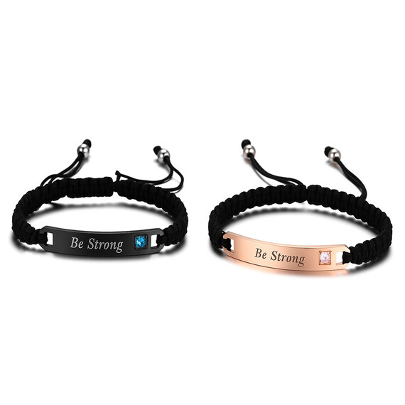 Custom Bar Braided Bracelets - Custom black and rose gold plated bar braided bracelets featuring "Be Strong" inspirational engraving and crystal stones, durable personalized cord jewelry for fitness and motivation.