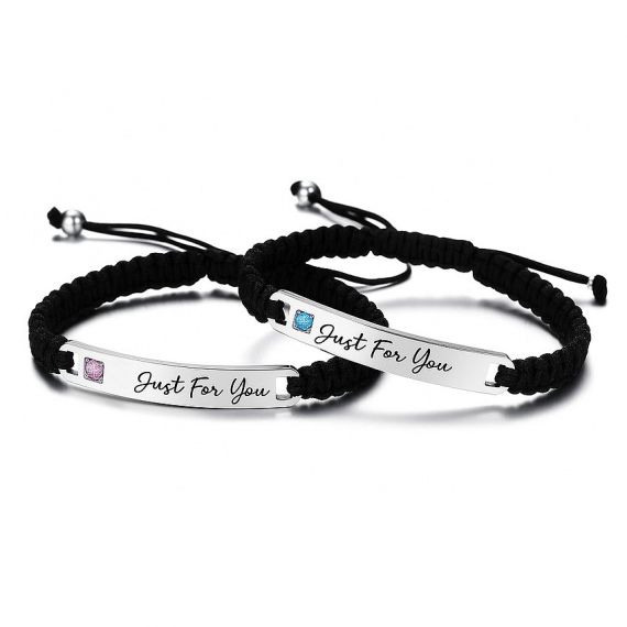 Custom black braided cord bracelets featuring stainless steel bars with "Just For You" engraving and colorful birthstone accents, personalized couple jewelry for wholesale.