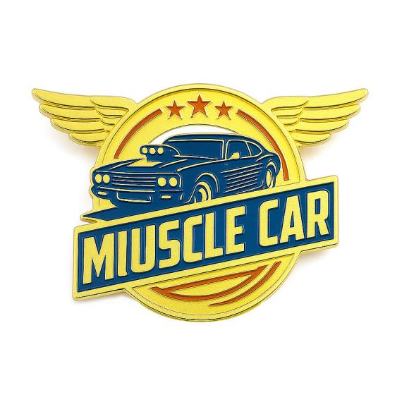 Custom Winged Muscle Car Emblem featuring Gold Plating and Two-Tone Blue Enamel