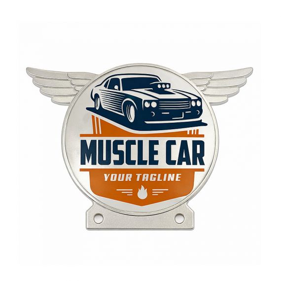 Personalized Circular Muscle Car Grille Badge with Winged Accents and Screw Mounting
