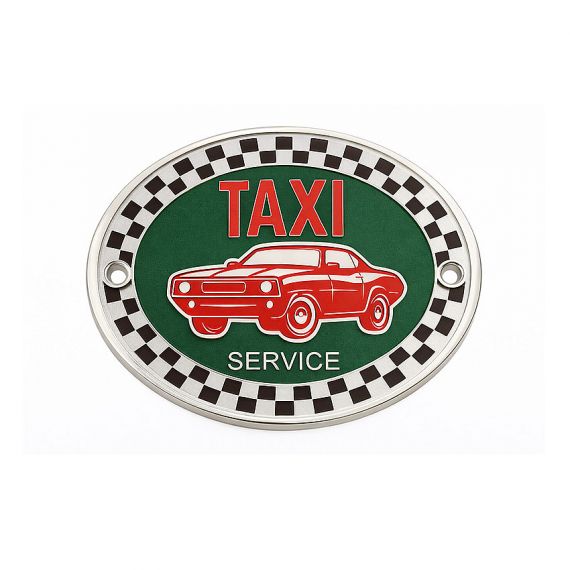 Bespoke Retro Taxi Service Car Badge with Checkered Border and Red Enamel Finish