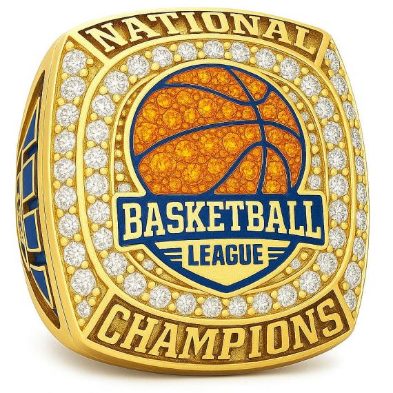 Gold basketball championship ring with orange basketball emblem and crystal accents around the face
