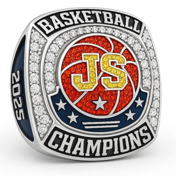Antique silver boxing champion ring with a gold crowned glove, yellow gems, and a red accent stone