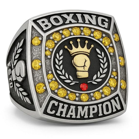 Silver basketball champions ring with red “JS” center, crystal border, and 2025 side detail